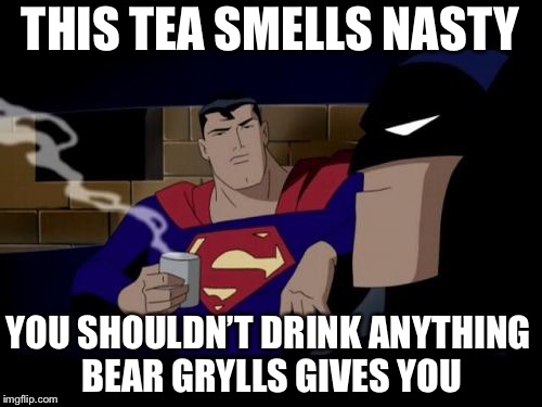 Batman And Superman | THIS TEA SMELLS NASTY; YOU SHOULDN’T DRINK ANYTHING BEAR GRYLLS GIVES YOU | image tagged in memes,batman and superman | made w/ Imgflip meme maker