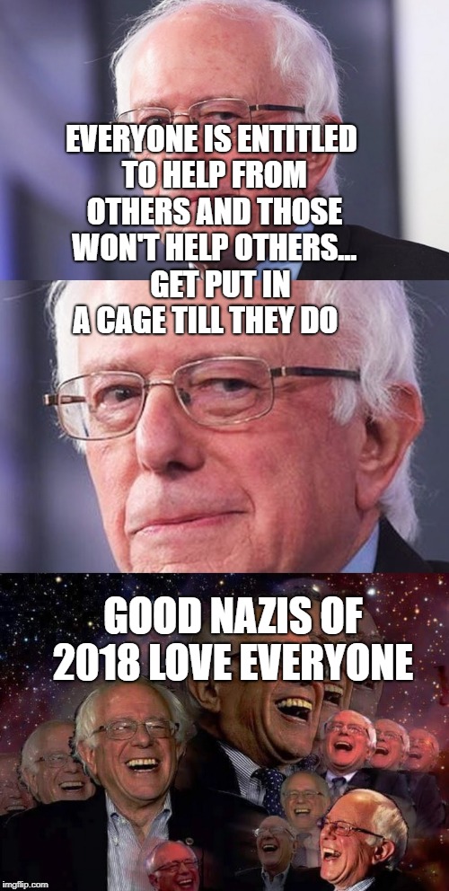 bernie shame if | EVERYONE IS ENTITLED TO HELP FROM OTHERS AND THOSE WON'T HELP OTHERS...   GET PUT IN A CAGE TILL THEY DO; GOOD NAZIS OF 2018 LOVE EVERYONE | image tagged in bernie shame if | made w/ Imgflip meme maker
