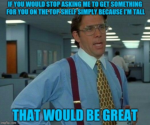 That Would Be Great | IF YOU WOULD STOP ASKING ME TO GET SOMETHING FOR YOU ON THE TOP SHELF SIMPLY BECAUSE I'M TALL; THAT WOULD BE GREAT | image tagged in memes,that would be great | made w/ Imgflip meme maker