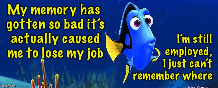 When you really lose your job | I’m still employed,


 I just can’t remember where; My memory has gotten so bad it’s actually caused me to lose my job | image tagged in dory 5 sec memory,memes,unemployed,job,loss | made w/ Imgflip meme maker