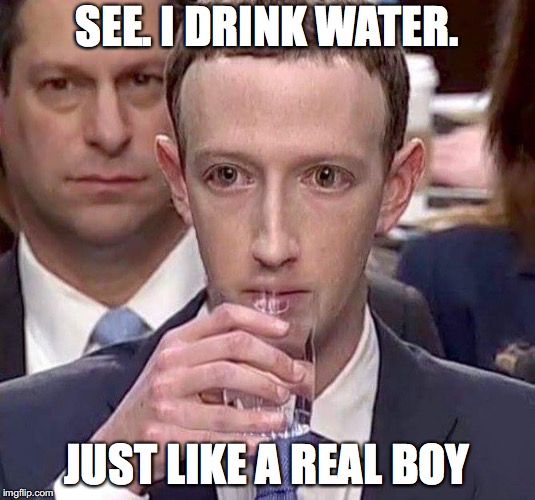 The humans suspect nothing | SEE. I DRINK WATER. JUST LIKE A REAL BOY | image tagged in mark zuckerberg | made w/ Imgflip meme maker