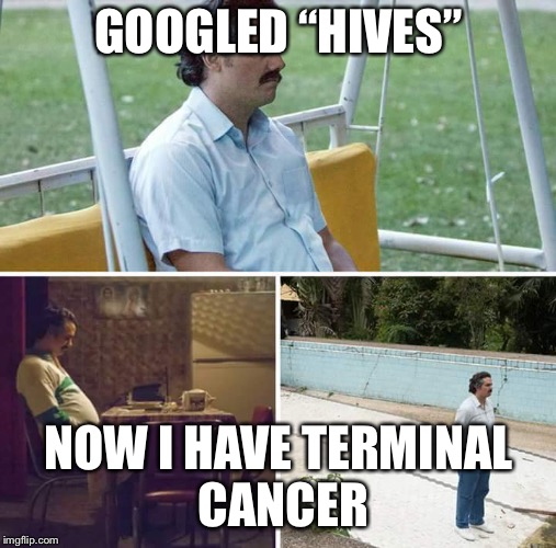 Sad Pablo Escobar Meme | GOOGLED “HIVES”; NOW I HAVE TERMINAL CANCER | image tagged in sad pablo escobar | made w/ Imgflip meme maker
