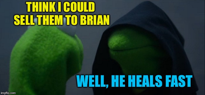 Evil Kermit Meme | THINK I COULD SELL THEM TO BRIAN WELL, HE HEALS FAST | image tagged in memes,evil kermit | made w/ Imgflip meme maker