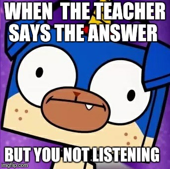 Puppycorn Derp | WHEN  THE TEACHER SAYS THE ANSWER; BUT YOU NOT LISTENING | image tagged in puppycorn derp | made w/ Imgflip meme maker
