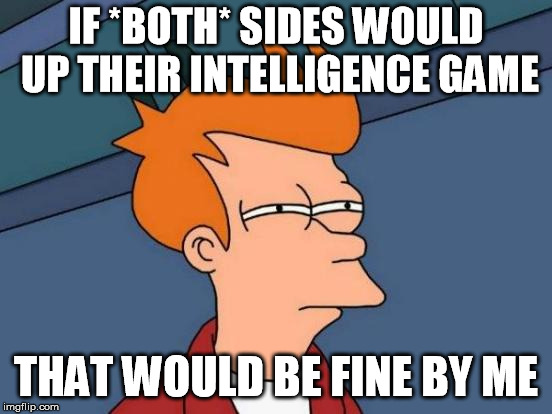 Futurama Fry Meme | IF *BOTH* SIDES WOULD UP THEIR INTELLIGENCE GAME THAT WOULD BE FINE BY ME | image tagged in memes,futurama fry | made w/ Imgflip meme maker