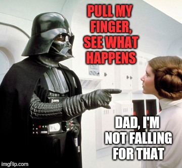 Never underestimate the power of a good fart joke!  | PULL MY FINGER, SEE WHAT HAPPENS; DAD, I'M NOT FALLING FOR THAT | image tagged in darth vader finger pointing,jbmemegeek,star wars,darth vader,princess leia,pull my finger | made w/ Imgflip meme maker