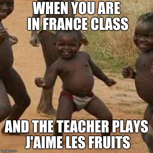 Third World Success Kid Meme | WHEN YOU ARE IN FRANCE CLASS; AND THE TEACHER PLAYS J'AIME LES FRUITS | image tagged in memes,third world success kid | made w/ Imgflip meme maker
