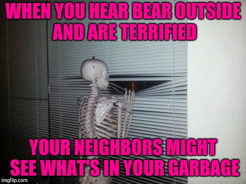 Scared skeleton |  WHEN YOU HEAR BEAR OUTSIDE AND ARE TERRIFIED; YOUR NEIGHBORS MIGHT SEE WHAT'S IN YOUR GARBAGE | image tagged in waiting skeleton | made w/ Imgflip meme maker