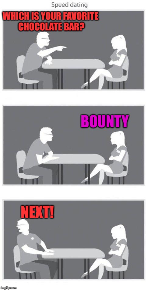 I hate bounty | WHICH IS YOUR FAVORITE CHOCOLATE BAR? BOUNTY; NEXT! | image tagged in speed dating,memes,unbreaklp,quick,how dare you | made w/ Imgflip meme maker