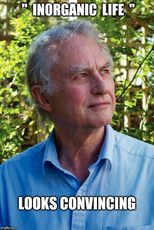 Richard Dawkins | "  INORGANIC

LIFE  "; LOOKS CONVINCING | image tagged in richard dawkins | made w/ Imgflip meme maker