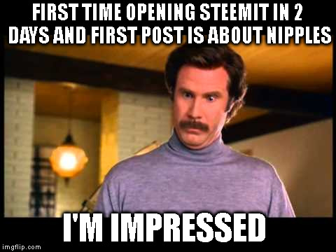 Anchorman I'm Impressed | FIRST TIME OPENING STEEMIT IN 2 DAYS AND FIRST POST IS ABOUT NIPPLES; I'M IMPRESSED | image tagged in anchorman i'm impressed | made w/ Imgflip meme maker