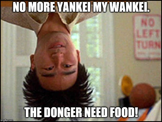 Long Duck Dong (upside down) | NO MORE YANKEI MY WANKEI. THE DONGER NEED FOOD! | image tagged in long duck dong upside down | made w/ Imgflip meme maker