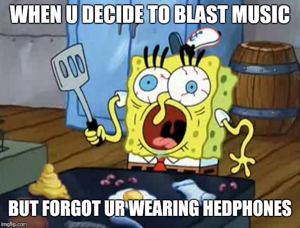 Spongebob cook | WHEN U DECIDE TO BLAST MUSIC; BUT FORGOT UR WEARING HEDPHONES | image tagged in spongebob cook | made w/ Imgflip meme maker
