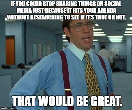 Socially Awkward | IF YOU COULD STOP SHARING THINGS ON SOCIAL MEDIA JUST BECAUSE IT FITS YOUR AGENDA WITHOUT RESEARCHING TO SEE IF IT'S TRUE OR NOT, THAT WOULD BE GREAT. | image tagged in memes,that would be great | made w/ Imgflip meme maker