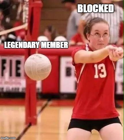 Volleyball Fail | BLOCKED; LEGENDARY MEMBER | image tagged in volleyball fail | made w/ Imgflip meme maker