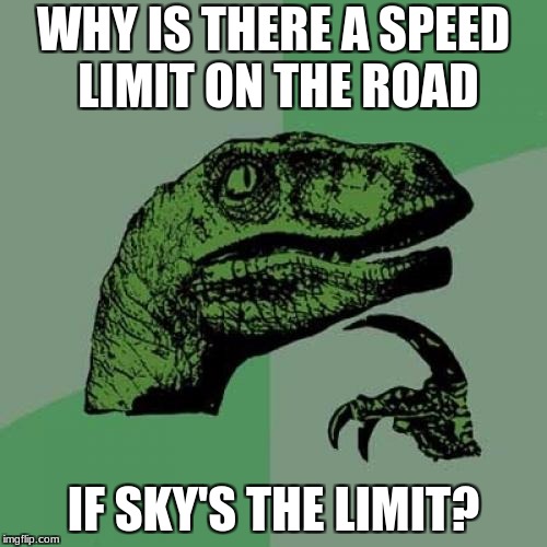 Philosoraptor Meme | WHY IS THERE A SPEED LIMIT ON THE ROAD; IF SKY'S THE LIMIT? | image tagged in memes,philosoraptor | made w/ Imgflip meme maker