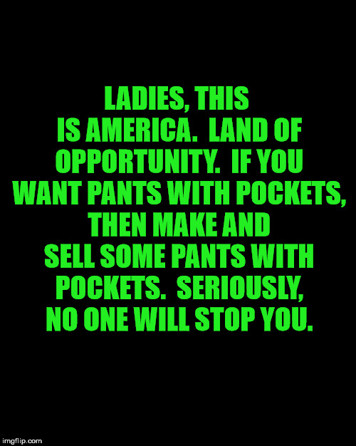 Pants with Pockets | LADIES, THIS IS AMERICA.  LAND OF OPPORTUNITY.  IF YOU WANT PANTS WITH POCKETS, THEN MAKE AND SELL SOME PANTS WITH POCKETS.  SERIOUSLY, NO ONE WILL STOP YOU. | image tagged in funny,pants,ladies,do it | made w/ Imgflip meme maker