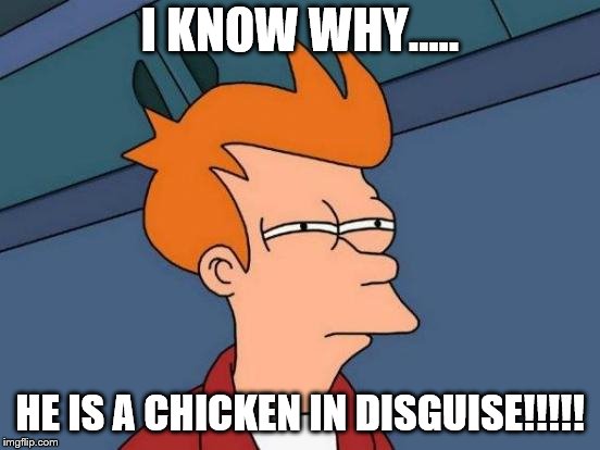 Futurama Fry Meme | I KNOW WHY..... HE IS A CHICKEN IN DISGUISE!!!!! | image tagged in memes,futurama fry | made w/ Imgflip meme maker