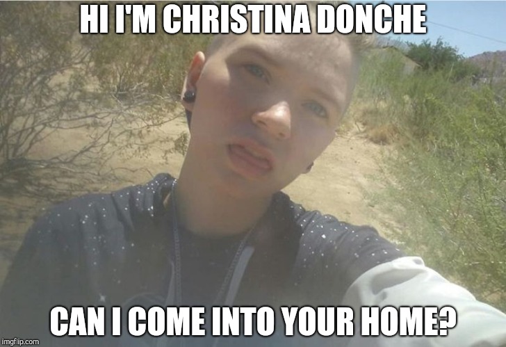 HI I'M CHRISTINA DONCHE; CAN I COME INTO YOUR HOME? | image tagged in christina haley-leann donche | made w/ Imgflip meme maker