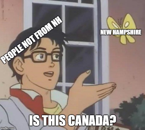 Is This A Pigeon Meme | PEOPLE NOT FROM NH; NEW
HAMPSHIRE; IS THIS CANADA? | image tagged in is this a pigeon | made w/ Imgflip meme maker