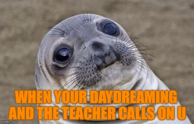 Awkward Moment Sealion Meme | WHEN YOUR DAYDREAMING AND THE TEACHER CALLS ON U | image tagged in memes,awkward moment sealion | made w/ Imgflip meme maker
