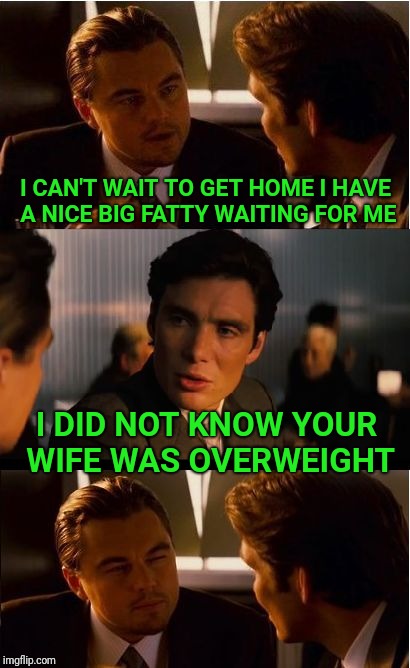 Inception Meme | I CAN'T WAIT TO GET HOME I HAVE A NICE BIG FATTY WAITING FOR ME; I DID NOT KNOW YOUR WIFE WAS OVERWEIGHT | image tagged in memes,inception,wife,overweight,fat | made w/ Imgflip meme maker