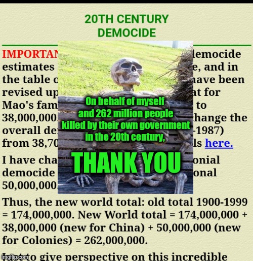 On behalf of myself and 262 million people killed by their own government in the 20th century, THANK YOU | made w/ Imgflip meme maker