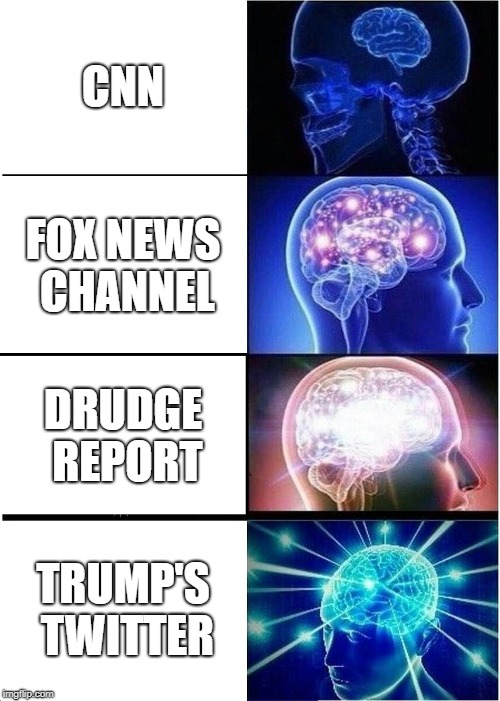 Expanding Brain Meme | CNN; FOX NEWS CHANNEL; DRUDGE REPORT; TRUMP'S TWITTER | image tagged in memes,expanding brain | made w/ Imgflip meme maker