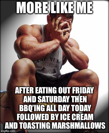 MORE LIKE ME AFTER EATING OUT FRIDAY AND SATURDAY THEN BBQ’ING ALL DAY TODAY FOLLOWED BY ICE CREAM AND TOASTING MARSHMALLOWS | made w/ Imgflip meme maker