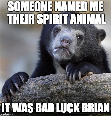 Confession Bear Meme | SOMEONE NAMED ME THEIR SPIRIT ANIMAL; IT WAS BAD LUCK BRIAN | image tagged in memes,confession bear | made w/ Imgflip meme maker