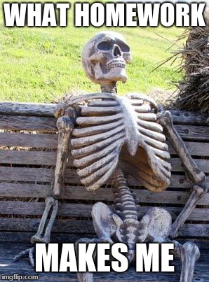 Waiting Skeleton Meme | WHAT HOMEWORK; MAKES ME | image tagged in memes,waiting skeleton | made w/ Imgflip meme maker