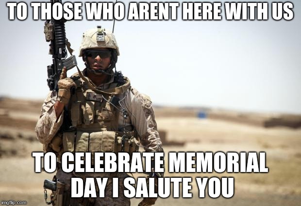 Soldier | TO THOSE WHO ARENT HERE WITH US; TO CELEBRATE MEMORIAL DAY I SALUTE YOU | image tagged in soldier | made w/ Imgflip meme maker