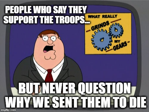 Support The Troops? | PEOPLE WHO SAY THEY SUPPORT THE TROOPS... BUT NEVER QUESTION WHY WE SENT THEM TO DIE | image tagged in memes,peter griffin news,war on terror,support our troops,political meme | made w/ Imgflip meme maker