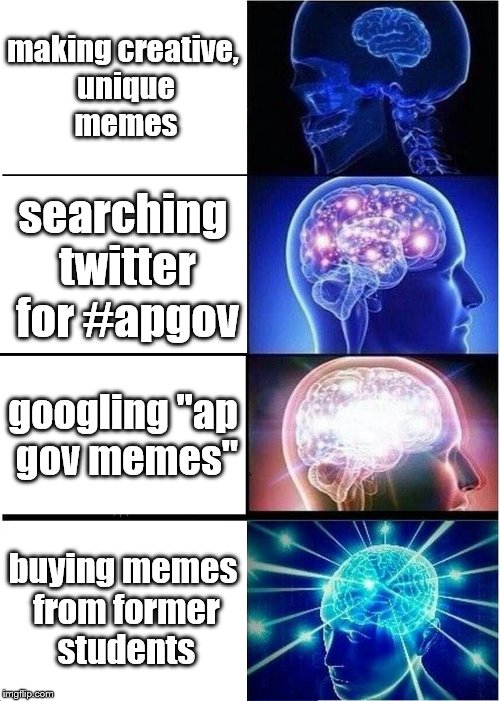 Expanding Brain Meme | making creative, unique memes; searching twitter for #apgov; googling "ap gov memes"; buying memes from former students | image tagged in memes,expanding brain | made w/ Imgflip meme maker