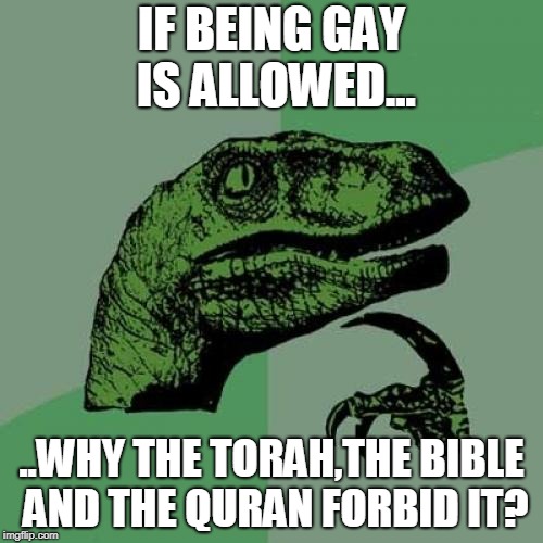 Philosoraptor | IF BEING GAY IS ALLOWED... ..WHY THE TORAH,THE BIBLE AND THE QURAN FORBID IT? | image tagged in memes,philosoraptor | made w/ Imgflip meme maker