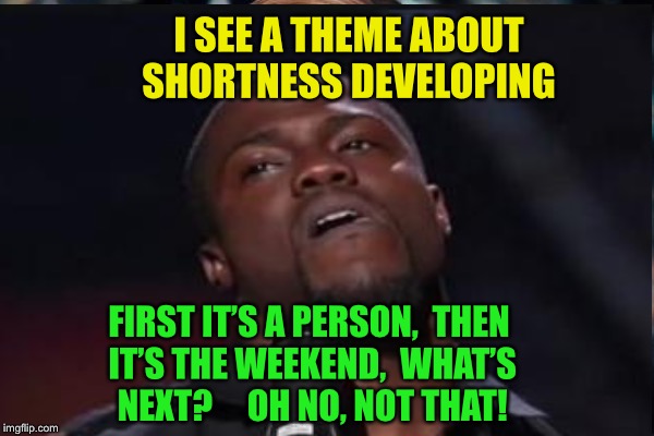 I SEE A THEME ABOUT SHORTNESS DEVELOPING FIRST IT’S A PERSON,  THEN IT’S THE WEEKEND,  WHAT’S NEXT?    
OH NO, NOT THAT! | made w/ Imgflip meme maker