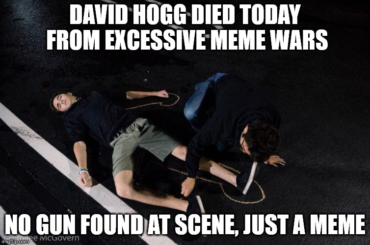 DAVID HOGG DIED TODAY FROM EXCESSIVE MEME WARS; NO GUN FOUND AT SCENE, JUST A MEME | made w/ Imgflip meme maker