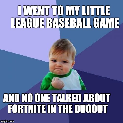 Little league success | I WENT TO MY LITTLE LEAGUE BASEBALL GAME; AND NO ONE TALKED ABOUT FORTNITE IN THE DUGOUT | image tagged in memes,success kid | made w/ Imgflip meme maker