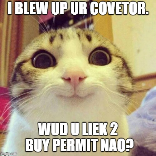 Smiling Cat Meme | I BLEW UP UR COVETOR. WUD U LIEK 2 BUY PERMIT NAO? | image tagged in memes,smiling cat | made w/ Imgflip meme maker