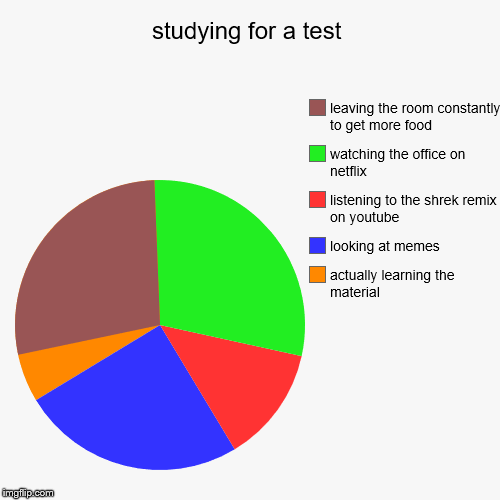 Studying for finals got me like.. | studying for a test | actually learning the material, looking at memes, listening to the shrek remix on youtube, watching the office on netf | image tagged in funny,pie charts,finals week,shrek is life | made w/ Imgflip chart maker