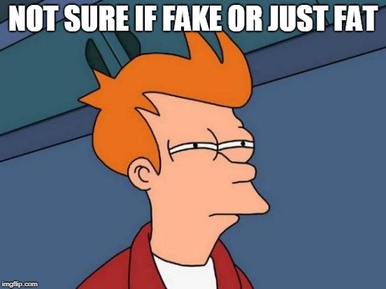 Futurama Fry Meme | NOT SURE IF FAKE OR JUST FAT | image tagged in memes,futurama fry | made w/ Imgflip meme maker