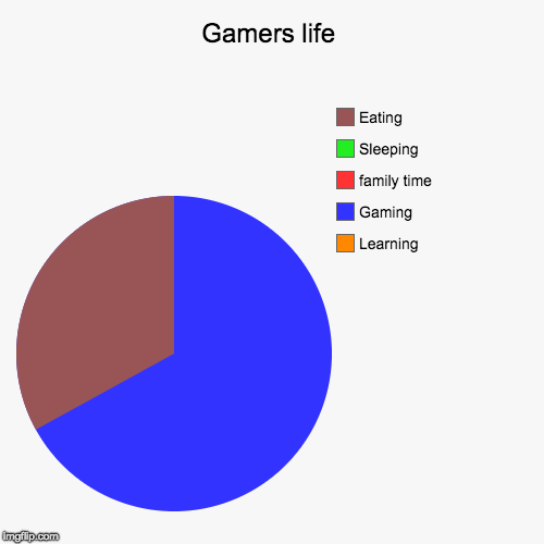 Gamers life | Learning, Gaming, family time, Sleeping, Eating | image tagged in funny,pie charts | made w/ Imgflip chart maker