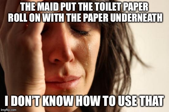 First World Problems | THE MAID PUT THE TOILET PAPER ROLL ON WITH THE PAPER UNDERNEATH; I DON’T KNOW HOW TO USE THAT | image tagged in memes,first world problems | made w/ Imgflip meme maker