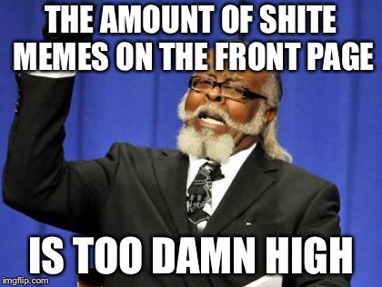 w h y | THE AMOUNT OF SHITE MEMES ON THE FRONT PAGE; IS TOO DAMN HIGH | image tagged in memes,too damn high,front page,why,my meme,shit | made w/ Imgflip meme maker