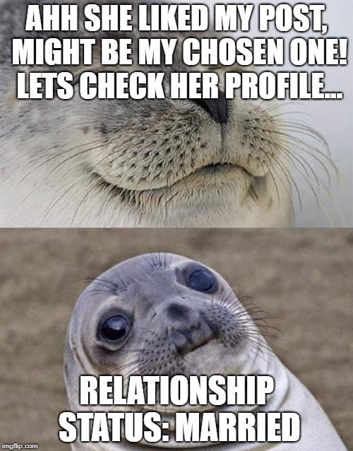 Short Satisfaction VS Truth | AHH SHE LIKED MY POST, MIGHT BE MY CHOSEN ONE! LETS CHECK HER PROFILE... RELATIONSHIP STATUS: MARRIED | image tagged in memes,short satisfaction vs truth | made w/ Imgflip meme maker