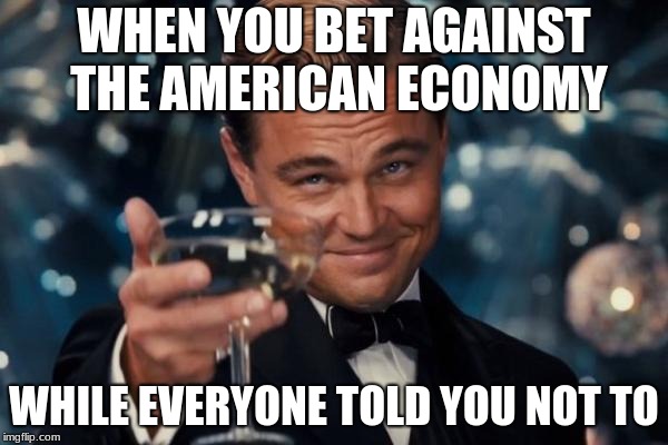 Leonardo Dicaprio Cheers Meme | WHEN YOU BET AGAINST THE AMERICAN ECONOMY; WHILE EVERYONE TOLD YOU NOT TO | image tagged in memes,leonardo dicaprio cheers | made w/ Imgflip meme maker