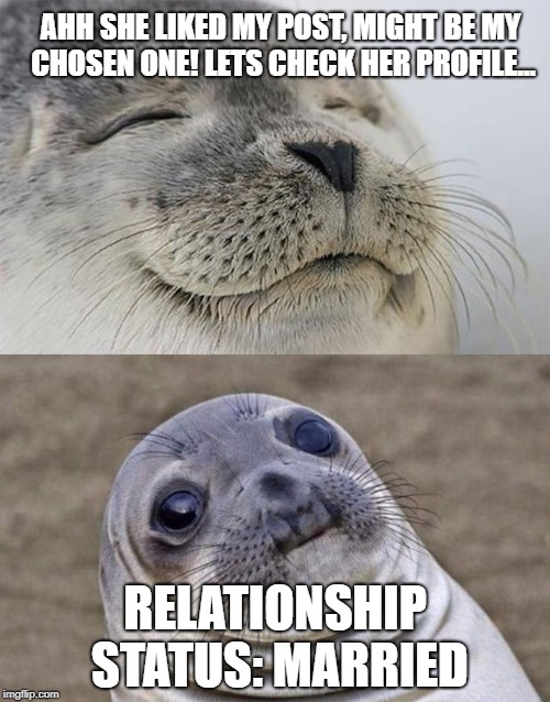 Short Satisfaction VS Truth Meme | AHH SHE LIKED MY POST, MIGHT BE MY CHOSEN ONE! LETS CHECK HER PROFILE... RELATIONSHIP STATUS: MARRIED | image tagged in memes,short satisfaction vs truth | made w/ Imgflip meme maker