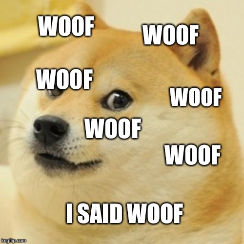 Woof
 | WOOF; WOOF; WOOF; WOOF; WOOF; WOOF; I SAID WOOF | image tagged in memes,doge | made w/ Imgflip meme maker