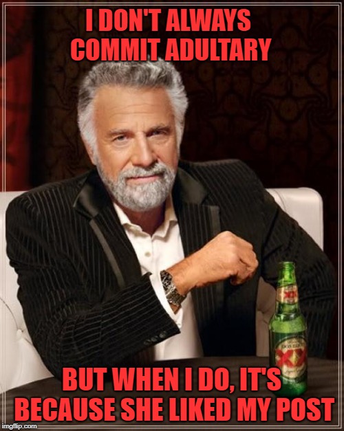 The Most Interesting Man In The World | I DON'T ALWAYS COMMIT ADULTARY; BUT WHEN I DO, IT'S BECAUSE SHE LIKED MY POST | image tagged in memes,the most interesting man in the world | made w/ Imgflip meme maker