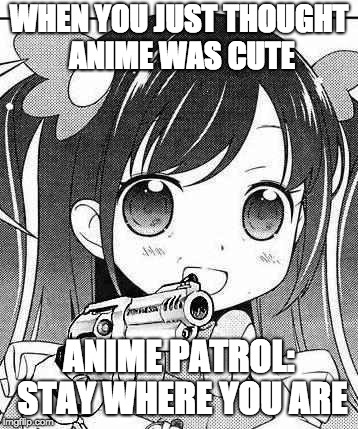anime girl with a gun | WHEN YOU JUST THOUGHT ANIME WAS CUTE; ANIME PATROL: STAY WHERE YOU ARE | image tagged in anime girl with a gun | made w/ Imgflip meme maker